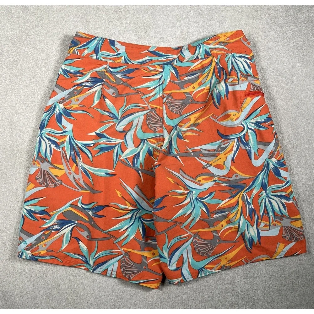 Patagonia Mens 29 Wavefarer Board Shorts Floral Bird Paradise Swim Trunks Orange